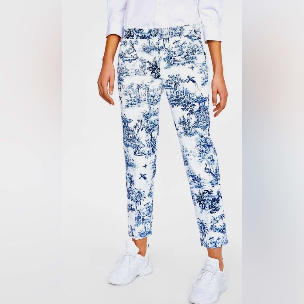 Zara Toile Blue and White Printed Pants